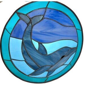 Leaded Stained Glass Dolphin Wall Hanging 13" Round Slag
